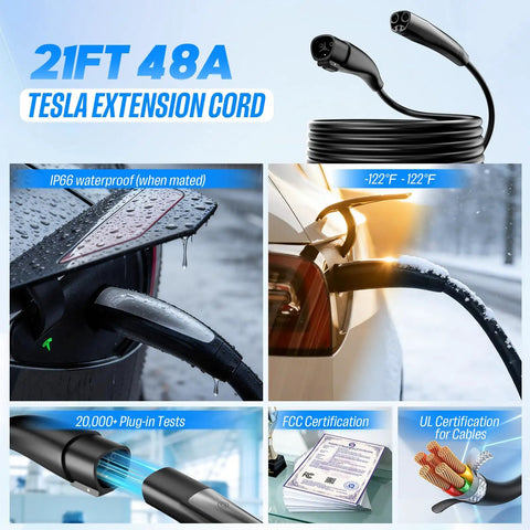Heavy Duty Tesla Charger Extension Cable 21 Ft And 48 Amp Nacs Ev Cord showing waterproof rating and plug-in for reliable power.