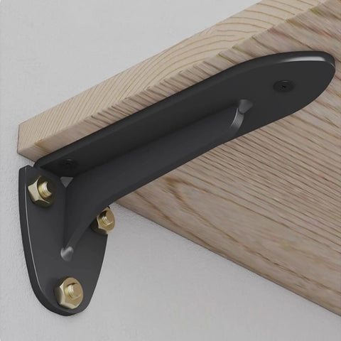 Heavy Duty Wall Mounted Shelf Brackets 2 Pack Black Iron Metal L Shape Floating Supports For Diy Open Shelving Includes Hardware, close-up view of bracket with wood.