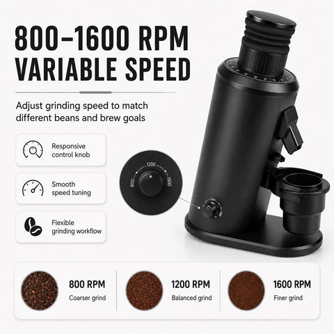 Real Deal 80Mm Flat Burr Coffee Grinder featuring adjustable speed from 800 to 1600 RPM for optimal grinding consistency.