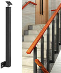 Rock Solid Heavy Duty Side Mount Railing Kit Featuring Powder Coated Wrought Iron Balusters And Support Columns Ideal For Balcony Deck Patio Stairs Project Approx 30 Inch Black Finish with wooden handrail.