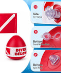 Self Righting Inflatable Surface Marker Buoy With Dive Down Flag And 8ft Rope For Freediving And Scuba Training, air valve, water hole, split ring