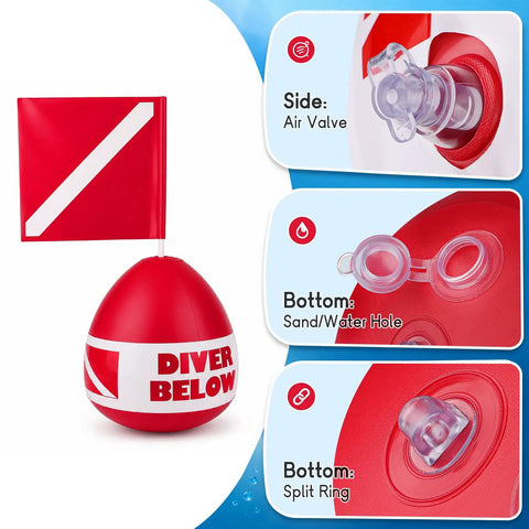 Self Righting Inflatable Surface Marker Buoy With Dive Down Flag And 8ft Rope For Freediving And Scuba Training, air valve, water hole, split ring