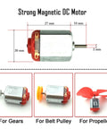 Strong magnetic DC motor diagram with measurements; gear, belt pulley, and propeller attachments shown; Six Pack DC Motors Kit For DIY Projects
