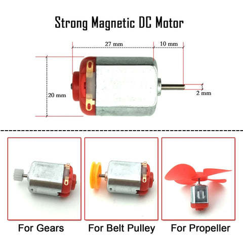 Strong magnetic DC motor diagram with measurements; gear, belt pulley, and propeller attachments shown; Six Pack DC Motors Kit For DIY Projects