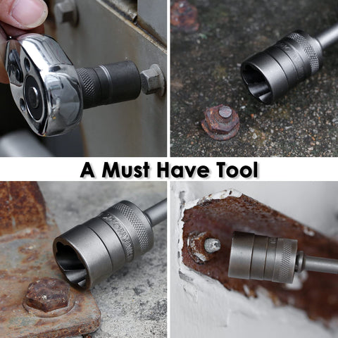 Bolt Extractor Kit For Damaged Fasteners, 32 Piece Nut And Bolt Remover Set, chrome-molybdenum steel bits in use on rusted bolts