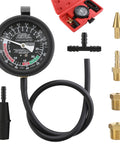Hromee fuel pump and vacuum tester gauge kit with black dial gauge, red carrying case, hose, and brass adapters