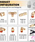 60 Pcs Brass DOT Air Line Fittings Kit with various types including elbows, unions, and valves for pneumatic tubing.