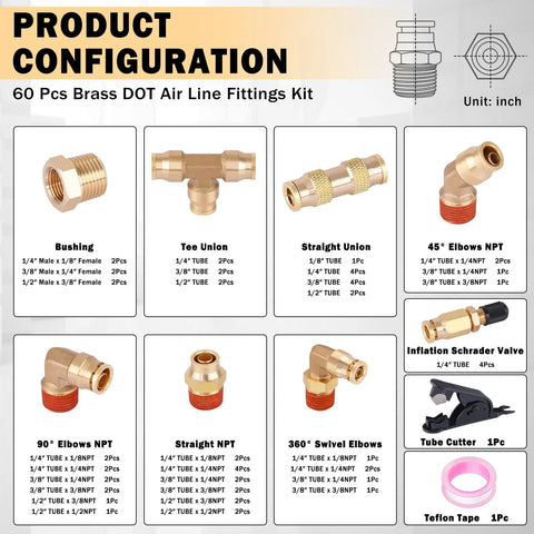 60 Pcs Brass DOT Air Line Fittings Kit with various types including elbows, unions, and valves for pneumatic tubing.
