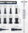 Dimensions of Beefy Blind Hole Bearing Puller Set with Slide Hammer, showing collets 8-32mm for motorcycle, automotive, bicycle use