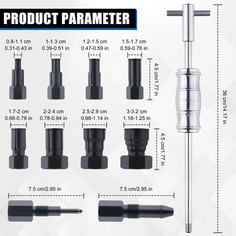 Dimensions of Beefy Blind Hole Bearing Puller Set with Slide Hammer, showing collets 8-32mm for motorcycle, automotive, bicycle use