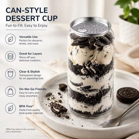 Clear 11oz plastic can cup with aluminum lid filled with dessert layers, displayed on a plate with cookie pieces; focus keyword.
