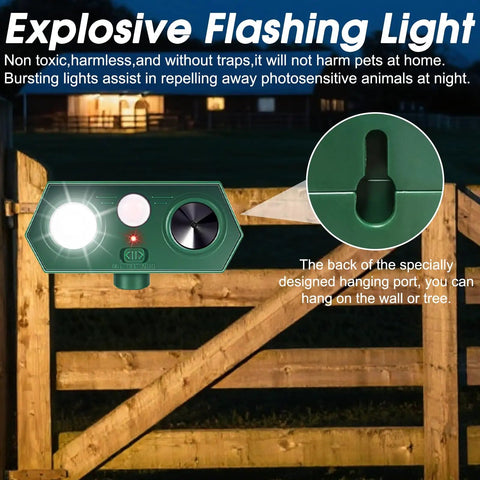 Solar Powered Ultrasonic Animal Repeller Pro Defense For Garden And Yard Deterrent Scares Deer Raccoon Squirrel Cats Rabbits Skunk With Motion Sensor Light IP65 Weatherproof Outdoor Protector, green wall-mount view