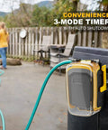 Cordless Submersible Water Transfer Pump with 17 GPM flow and 3-mode timer, connected to DeWalt 20V MAX battery pack, outdoor use