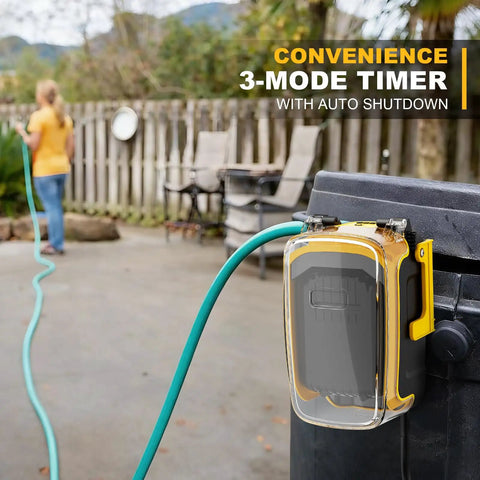 Cordless Submersible Water Transfer Pump with 17 GPM flow and 3-mode timer, connected to DeWalt 20V MAX battery pack, outdoor use