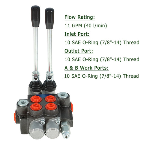 Two-spool hydraulic directional control valve with dual joystick levers and SAE ports (front view)