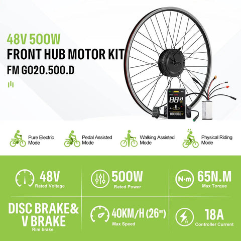 Front Hub Motor Electric Bike Conversion Kit For 26 Inch And 700C Wheels 48V 500W With Display And Battery, modes shown