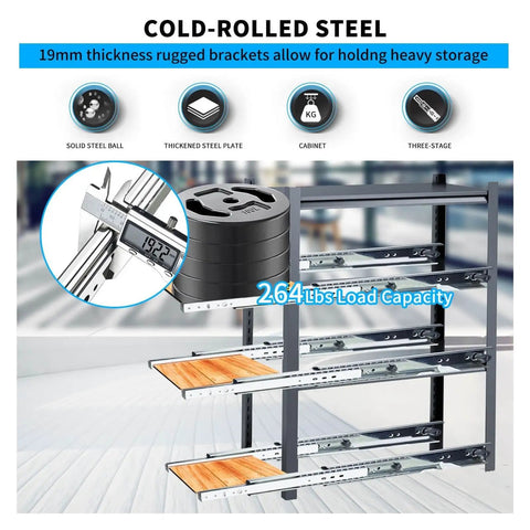 Kickass Heavy Duty Drawer Slides Roll Out Smooth As Butter For Kitchen Cabinets Or Workshop Drawers Ball Bearing Full Extension One Pair Set Built Tough And Ready To Go, showcasing cold-rolled steel construction.
