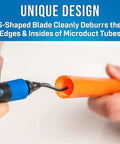 Hands using s-shaped blade tool to deburr orange microduct tube from Pro Grade Heavy Duty 14-Piece Fiber Optic Duct Kit With Precision Tube Cutters And Versatile Tools For Microduct And Large Fiber Ducting Work Ready Ducting Toolkit