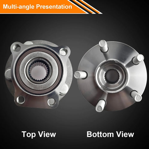 Beefy Front Wheel Hub and Bearing Assembly Set for 2005 to 2014 Outback and Legacy with 5 Lug Bolts and ABS, top and bottom view
