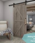 Sliding door with Two Pack 16 Inch Wood Barn Door Pull Handles With Black Metal Brackets for farmhouse decor.