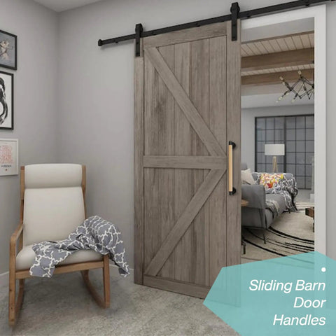 Sliding door with Two Pack 16 Inch Wood Barn Door Pull Handles With Black Metal Brackets for farmhouse decor.