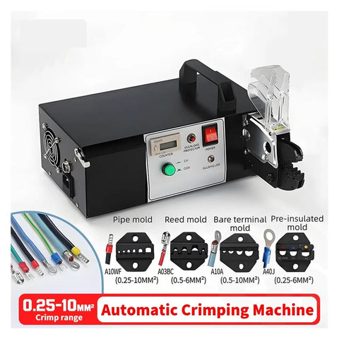 Built Different Heavy Duty Electric Wire Stripper Crimping Tool With Swap Out Die Sets Auto Terminal Crimper on tabletop with molds.