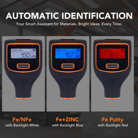 Three paint thickness gauges with dual screens showing readings for iron, zinc, and car body filler, auto detect material type.