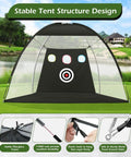 Home Golf Net 10x7ft Set With Foldable Tri Turf Mat And Training Target in backyard by lake, showing frame and target details