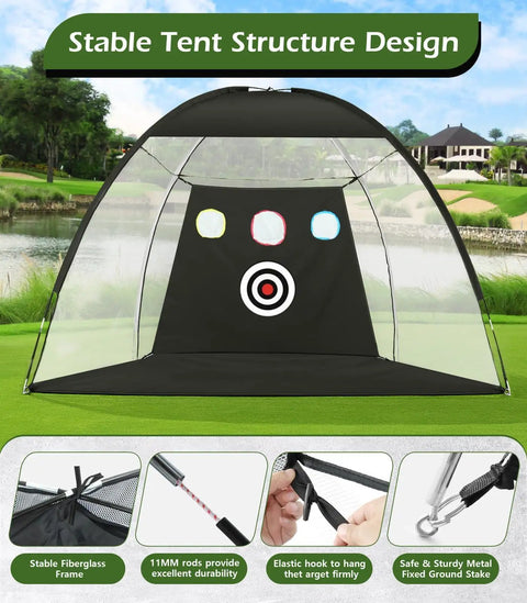 Home Golf Net 10x7ft Set With Foldable Tri Turf Mat And Training Target in backyard by lake, showing frame and target details