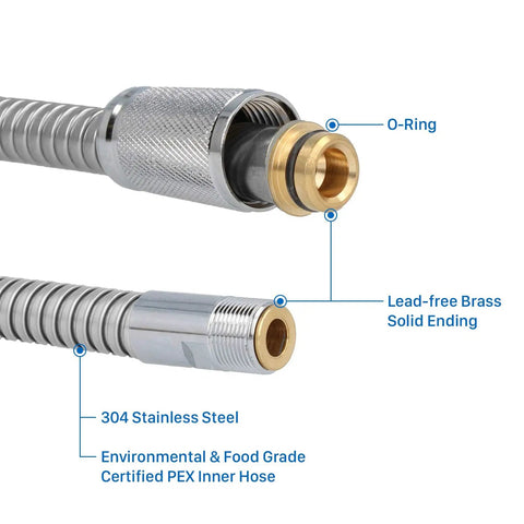 Replacement 59 Inch Metalflex Pull Out Kitchen Faucet Hose in StarLight Chrome, detailed view of O-ring and lead-free brass ending.