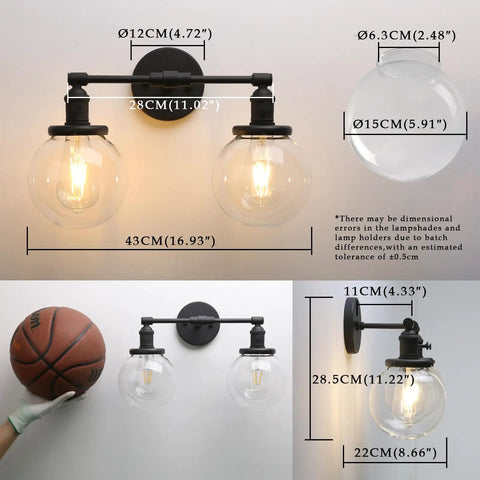 Industrial Black Wall Sconce Hardwired Double Light With 5.9 Inch Glass Globe Lampshade Modern Wall Fixture dimensions and details