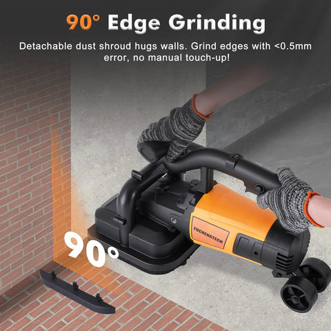 Hands using Powerhouse Four Head Concrete Grinder Set with Four Inch Diamond Wheels, 3800W Motor and 0-6000 RPM on concrete wall