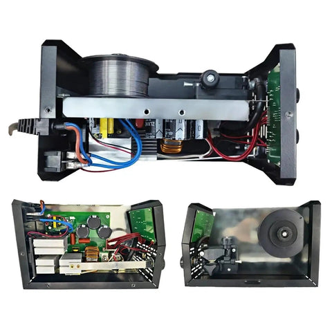 Internal view of a Three In One MIG MMA TIG Inverter Welder showing components, flux core wire, and wiring details