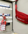 Lockout Tagout Kit For Electrical Safety With Group Hasps, Lockout Tags, 2 Keyed Different Padlocks, Pocket Nylon Bag And Durable Ties For OSHA Compliant No Nonsense Safety Lockout, Maintenance, And Power Shutdowns beside electrical panel.