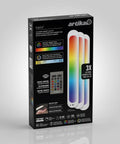 Packaging of RGB Under Cabinet Lighting Kit with Motion Sensor, 3 Ultra Thin Panels, Remote, Adjustable Brightness and Color Temperature.
