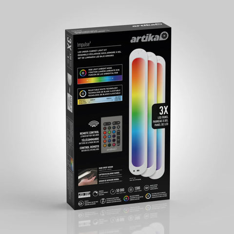 Packaging of RGB Under Cabinet Lighting Kit with Motion Sensor, 3 Ultra Thin Panels, Remote, Adjustable Brightness and Color Temperature.