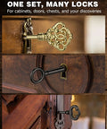 Universal Skeleton Key Set 20Pcs For Antique Locks with intricate gold, black, and brass keys in vintage cabinet and door locks.