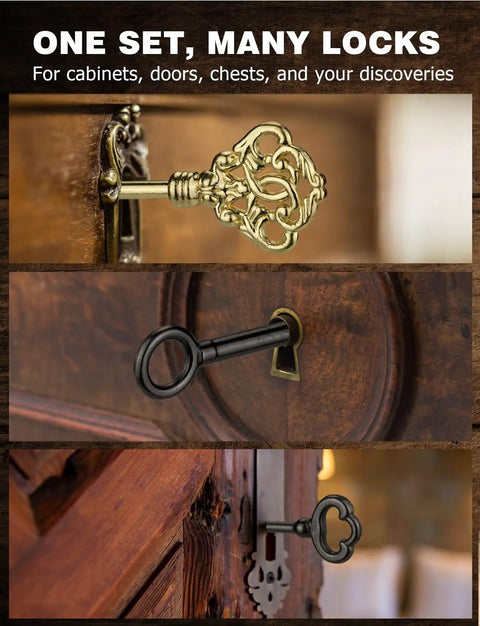 Universal Skeleton Key Set 20Pcs For Antique Locks with intricate gold, black, and brass keys in vintage cabinet and door locks.
