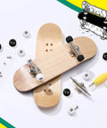 16 Piece Fingerboard Tool Kit With CNC Lathed Bearing Wheels Nut Drivers And Screwdrivers For Quick Tune Ups On The Fly 34 mm Skateboard Trucks Red Blue Wheels Sturdy Alloy Racks Black And White Finish, featuring two wooden fingerboards, wheels, screws, and tools displayed on a white surface.