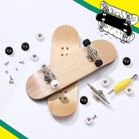 16 Piece Fingerboard Tool Kit With CNC Lathed Bearing Wheels Nut Drivers And Screwdrivers For Quick Tune Ups On The Fly 34 mm Skateboard Trucks Red Blue Wheels Sturdy Alloy Racks Black And White Finish, featuring two wooden fingerboards, wheels, screws, and tools displayed on a white surface.