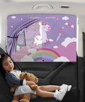 Baby Safe Car Sun Shade With Double Opening Side Window Coverage For A Private Ride Five Layer UV Blocking Mesh 3D Carbon Weave Interior Curtain Sunblock Unicorn Design Easy Install 1 Pack installed on car window with child seated inside