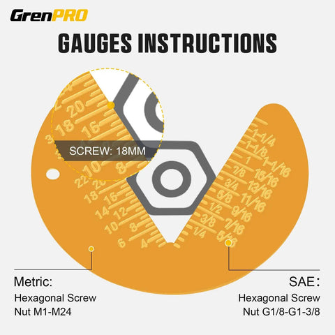 GrenPRO gauges instructions for hexagonal screw nut sizes, including metric M1-M24 and SAE G1/8-G1-3/8, with 18mm screw guide.