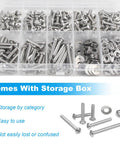 240 Piece Stainless Steel Phillips Pan Head Machine Screws Nuts And Washers Set With Coarse Fully Machine Threads Includes Size Six Thirty Two And Size Eight Thirty Two Screws In Sizes From Three Sixteenths Inch To One Inch 304 Stainless Kit organized in a clear storage box.
