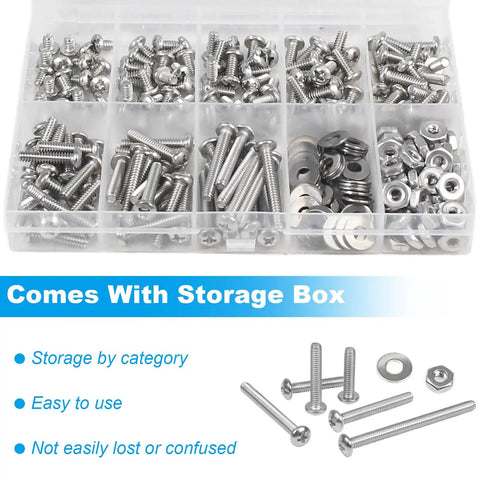 240 Piece Stainless Steel Phillips Pan Head Machine Screws Nuts And Washers Set With Coarse Fully Machine Threads Includes Size Six Thirty Two And Size Eight Thirty Two Screws In Sizes From Three Sixteenths Inch To One Inch 304 Stainless Kit organized in a clear storage box.