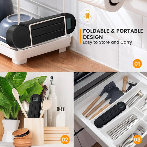 Folding Digital Kitchen Scale With LCD Display ultra-portable in storage and countertop settings, compact design.