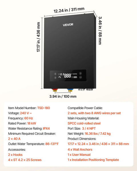 Straight Up Zero Wait Tankless Electric Water Heater 240 Volt 18 Kilowatt Instant On Demand Hot Unit with LED panel and sleek design.