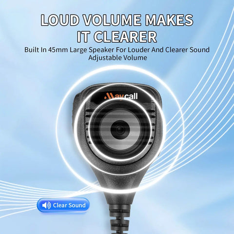 Close-up of shoulder microphone showing front speaker with text describing loud volume and clear sound features.