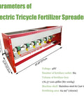 Parameters of Tricycle Rear Mounted Electric Fertilizer Spreader For Broadcast Spreading 80 To 100 Kg Capacity diagram with dimensions