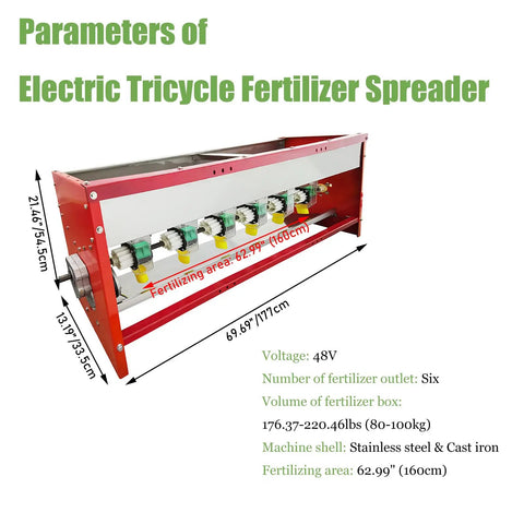 Parameters of Tricycle Rear Mounted Electric Fertilizer Spreader For Broadcast Spreading 80 To 100 Kg Capacity diagram with dimensions