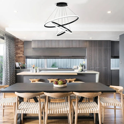 Cool Black LED Chandelier With 3 Color Temps 3000K 4000K 6000K, 60W Hanging Light Fixture in modern kitchen setting